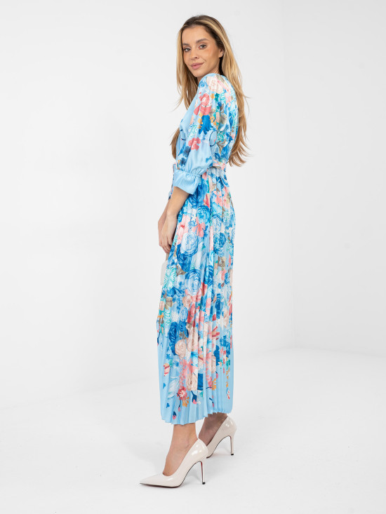 Maxi sukienka w kwiaty z paskiem, jasnoniebieska