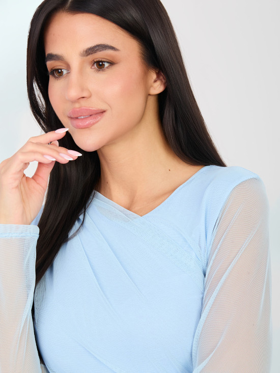 Eleganckie niebieskie body z długim rękawem i okrągłym dekoltem