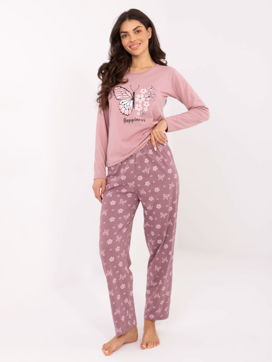 Damska piżama bawełniana z nadrukiem, różowa