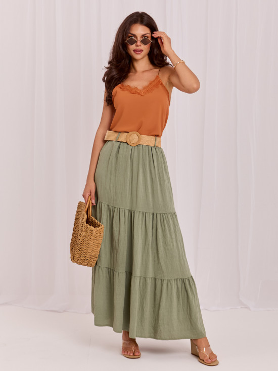 Maxi spódnica boho z falbaną i paskiem, khaki