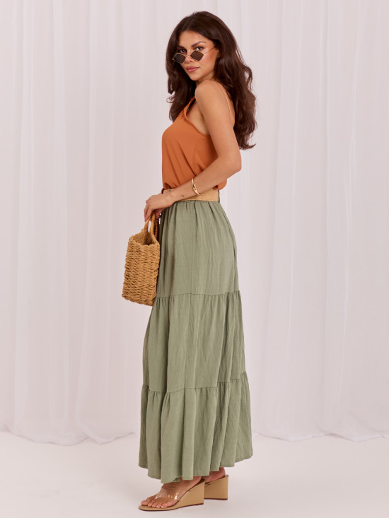 Maxi spódnica boho z falbaną i paskiem, khaki