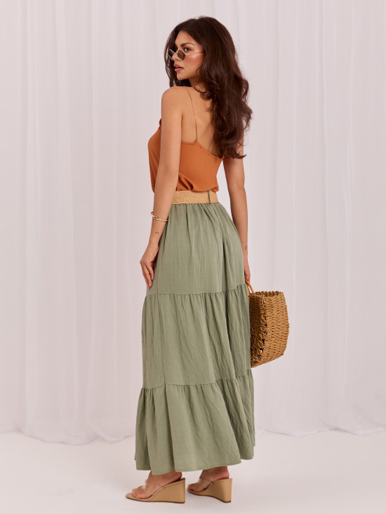 Maxi spódnica boho z falbaną i paskiem, khaki