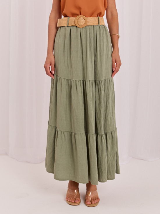 Maxi spódnica boho z falbaną i paskiem, khaki