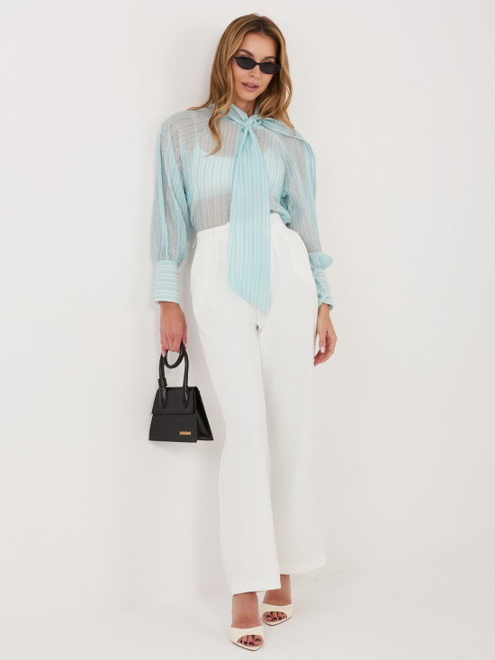 Miętowa koszula w paski z wiązaniem i bufiastym rękawem