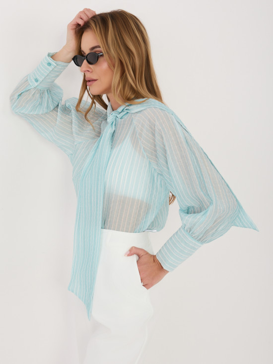 Miętowa koszula w paski z wiązaniem i bufiastym rękawem