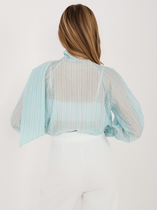 Miętowa koszula w paski z wiązaniem i bufiastym rękawem