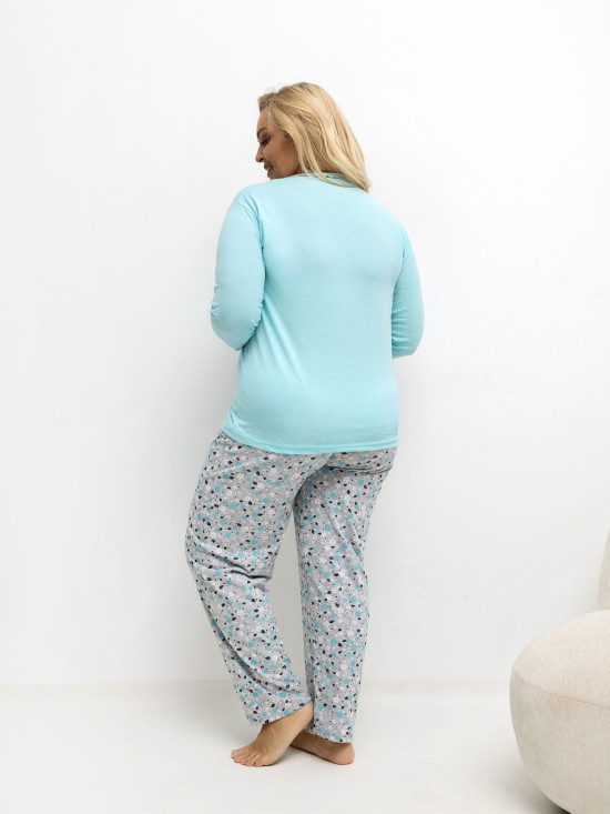 Damska bawełniana piżama w kwiaty z guzikami, miętowa