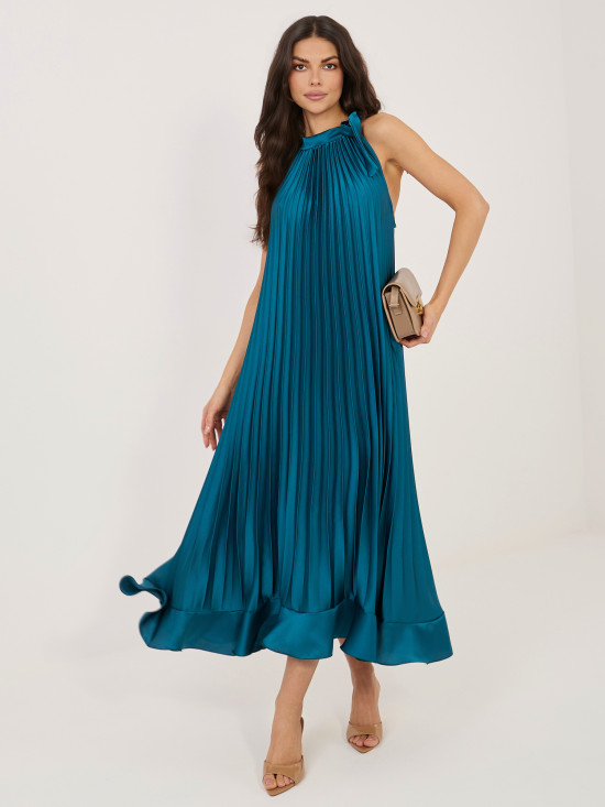 Niebieska koktajlowa sukienka midi z wiązaniem i falbaną