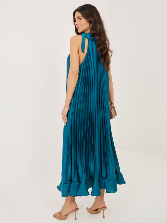 Niebieska koktajlowa sukienka midi z wiązaniem i falbaną