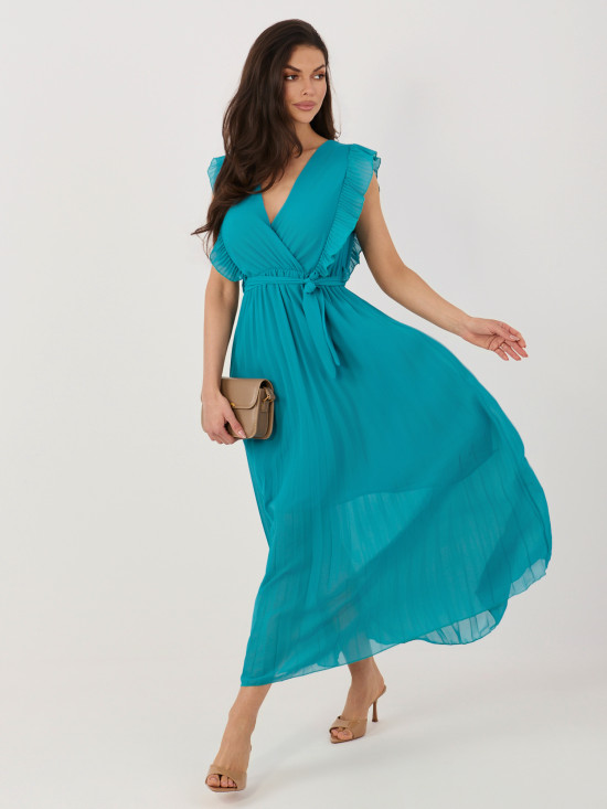 Niebieska rozkloszowana sukienka midi z paskiem