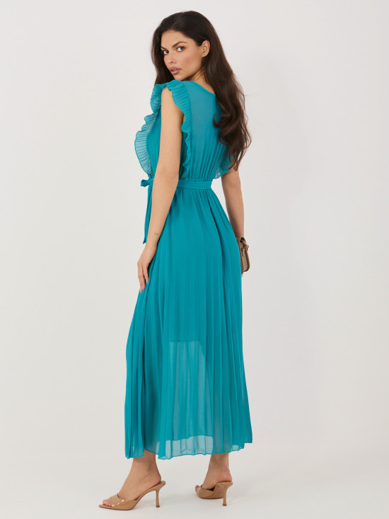 Niebieska rozkloszowana sukienka midi z paskiem