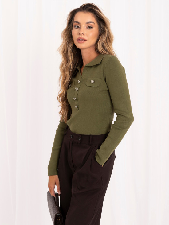 Elegancki sweter khaki z kołnierzykiem i guzikami