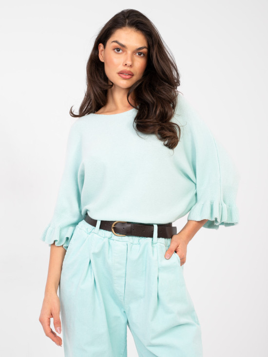 Jasnoniebieski elegancki sweter z falbaną i rękawem 3/4