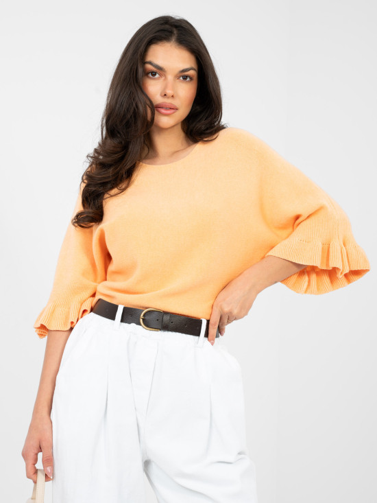 Elegancki pomarańczowy sweter z falbaną i rękawem 3/4