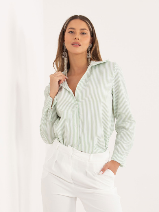 Pistacjowa koszula w paski z długim rękawem