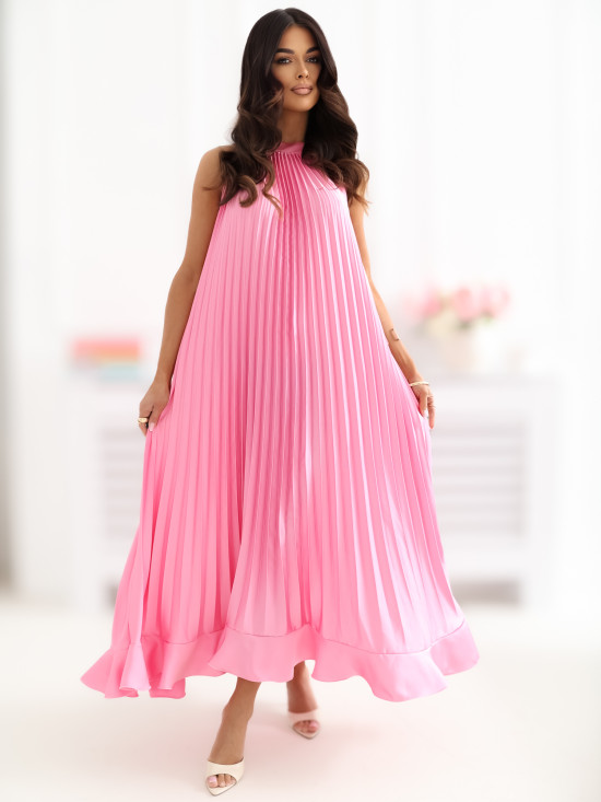 Różowa midi sukienka koktajlowa bez rękawów