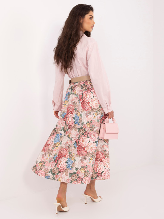 Różowa spódnica midi w kwiaty z paskiem
