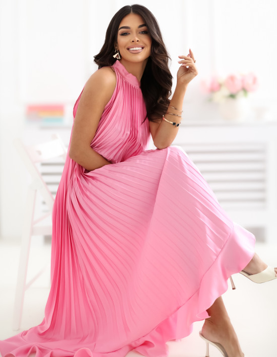 Różowa midi sukienka koktajlowa bez rękawów