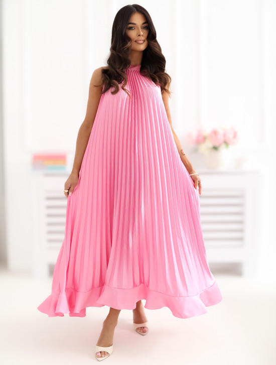 Różowa midi sukienka koktajlowa bez rękawów