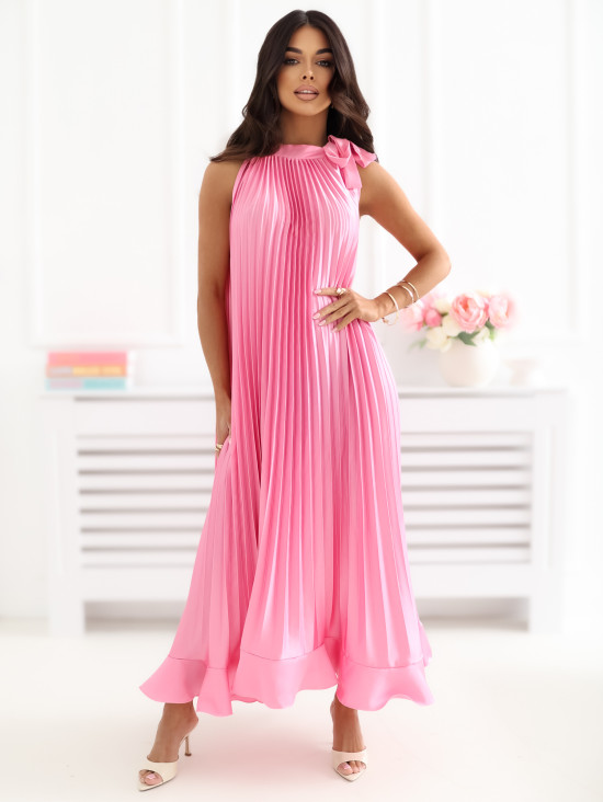 Różowa midi sukienka koktajlowa bez rękawów
