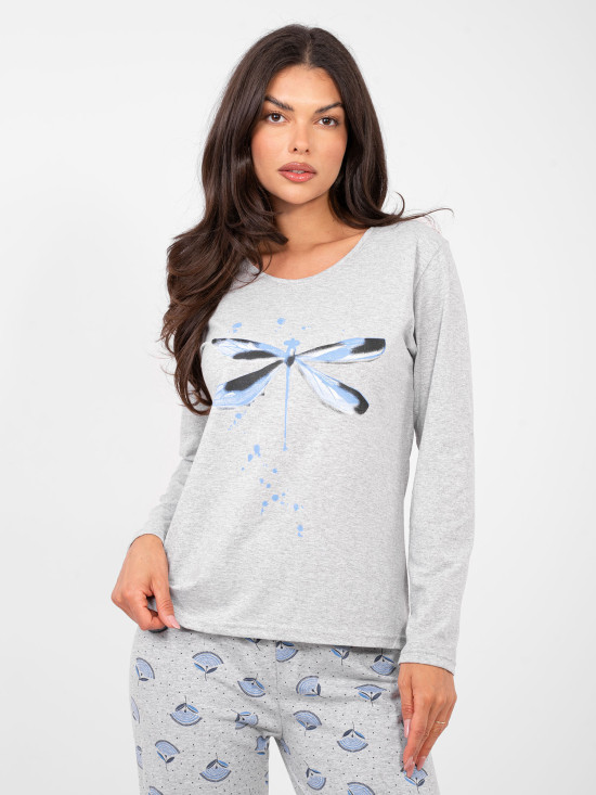 Damska szara piżama bawełniana z nadrukiem i guzikami