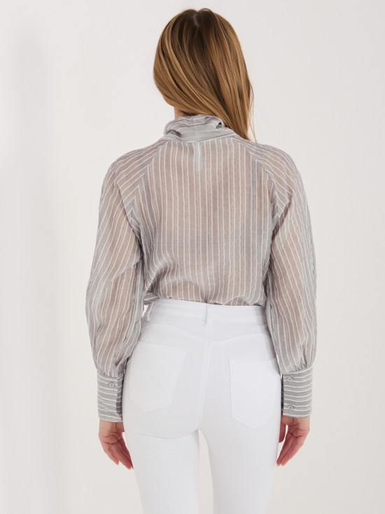 Szara koszula w paski z wiązaniem i bufiastymi rękawami