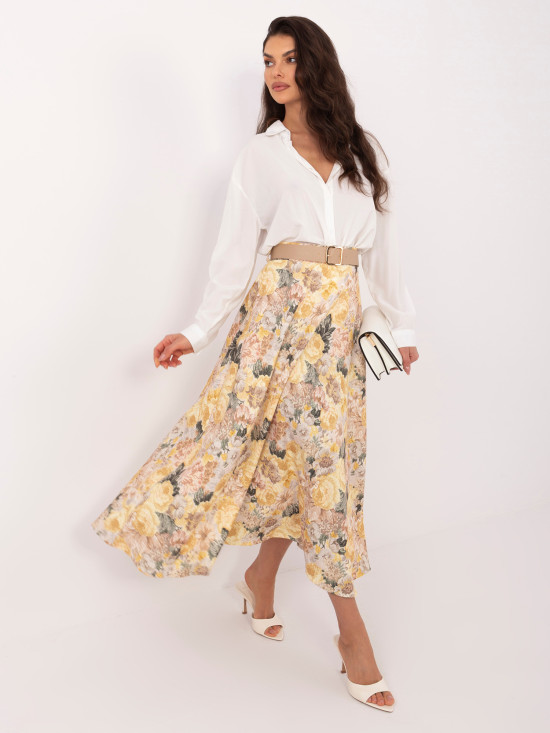 Żółta spódnica midi w kwiaty z paskiem