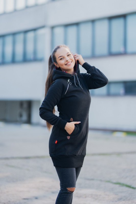 Brazowa dluga bluza z kapturem w kratkę