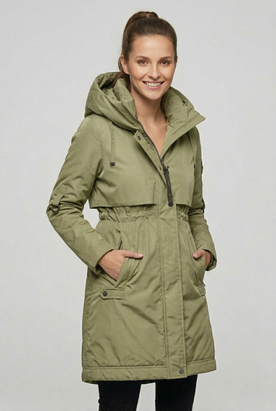 Oliwkowa jesienna kurtka/płaszcz z kapturem