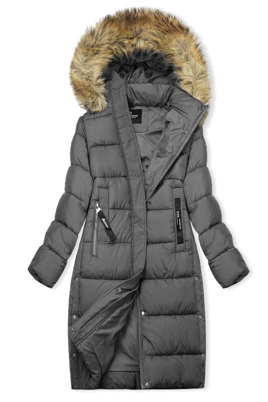 Szara długa kurtka zimowa z futerkiem