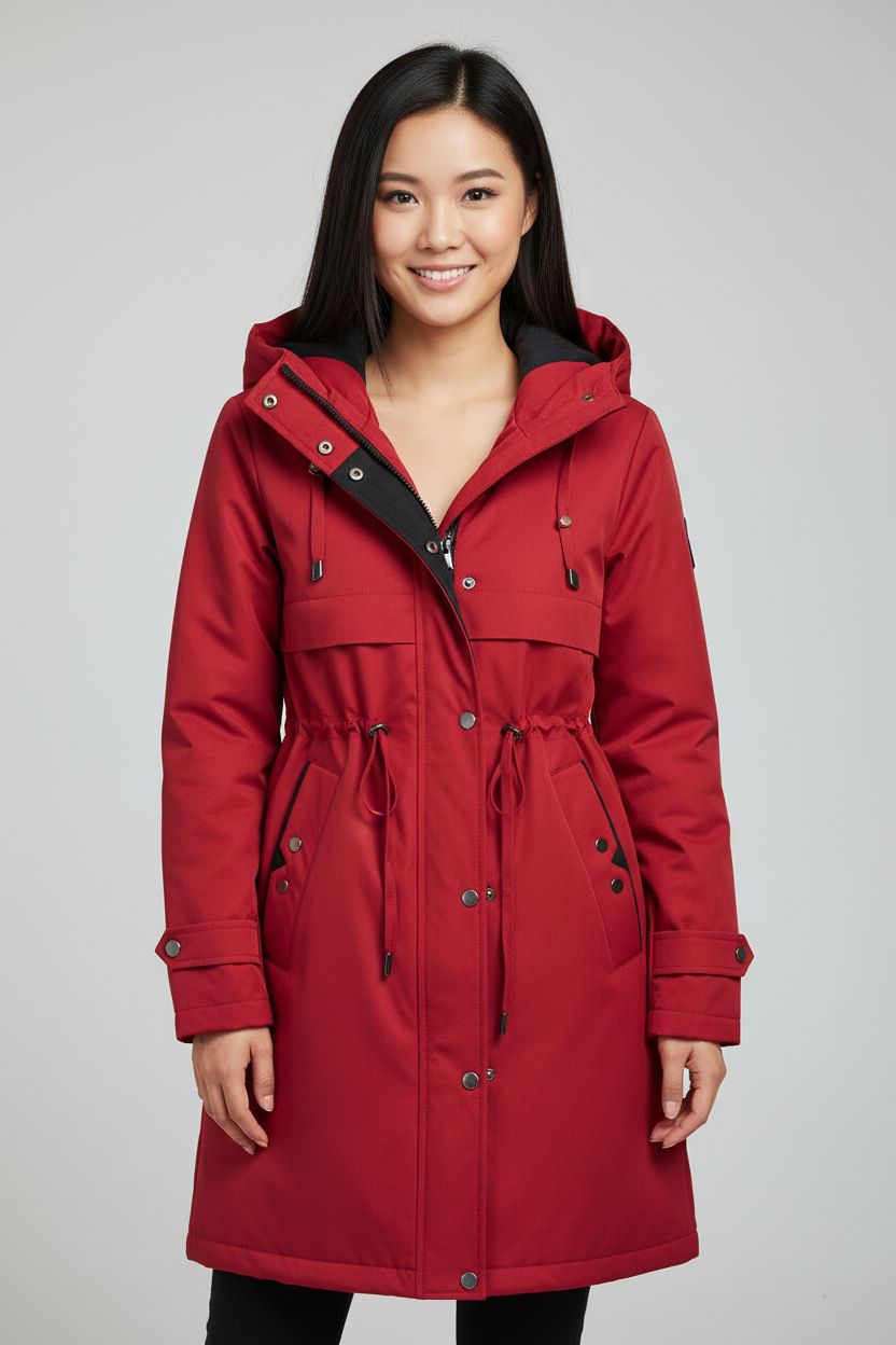 Czerwona jesienna kurtka o wydłużonym fasonie