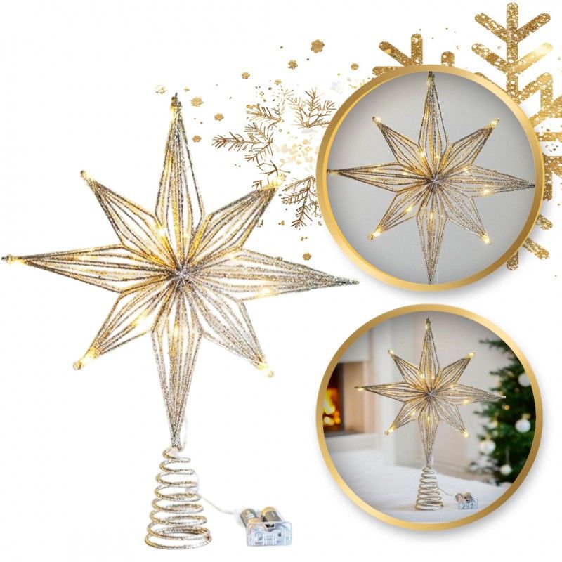 Złota LED dekoracja na choinkę, gwiazda