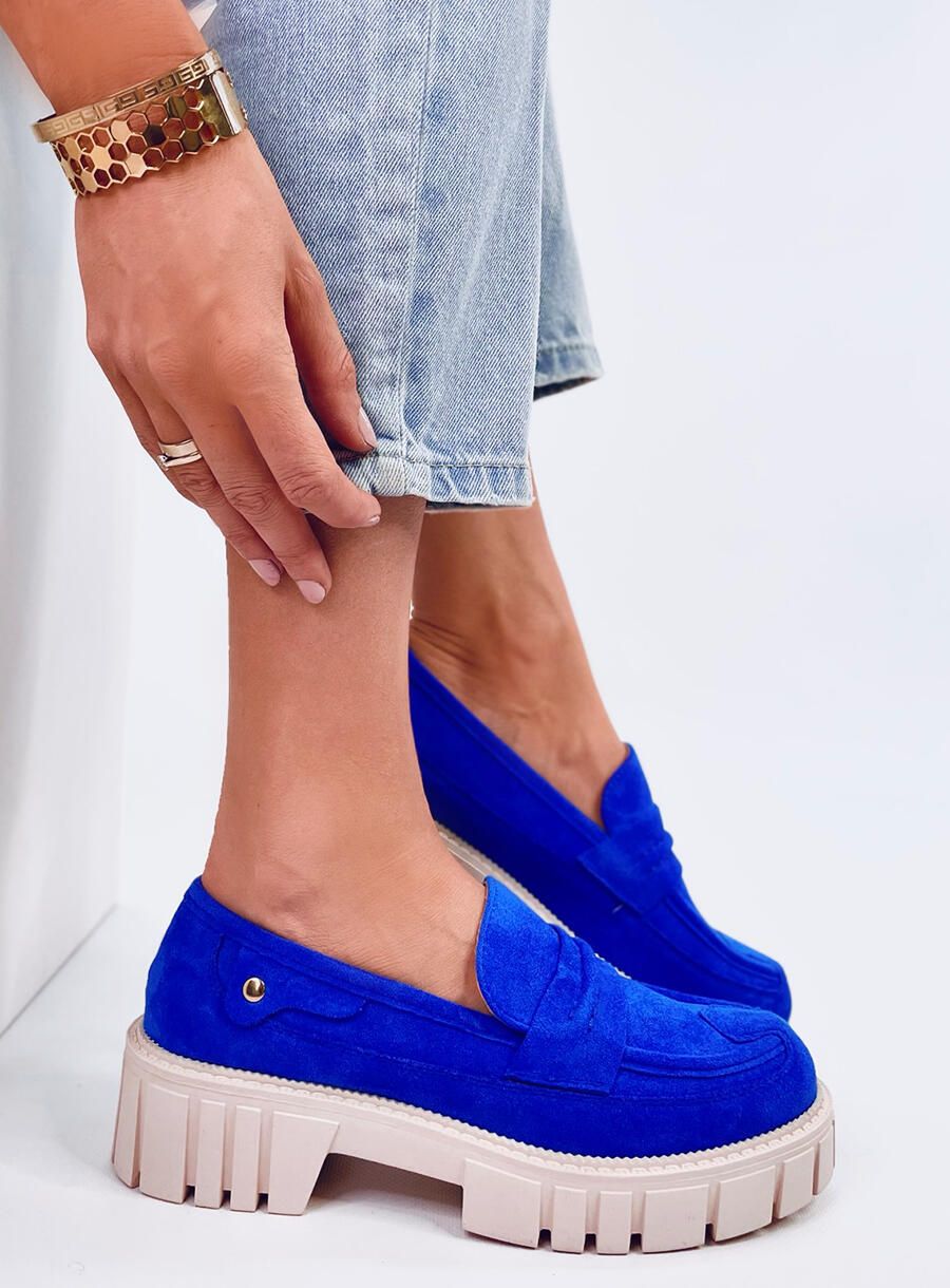 Zamszowe mokasyny damskie na platformie NIEBIESKIE