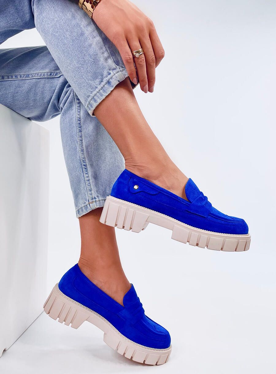 Zamszowe mokasyny damskie na platformie NIEBIESKIE