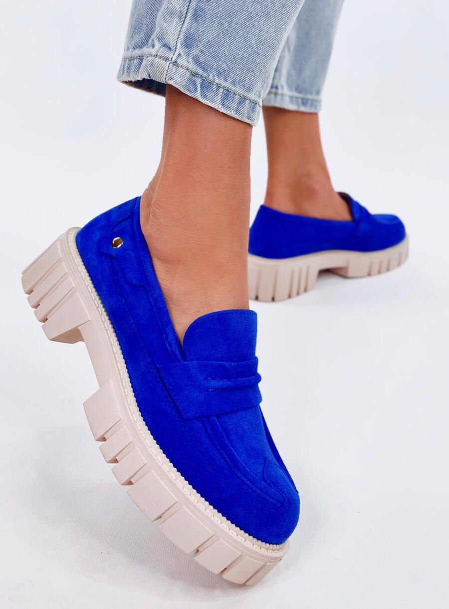 Zamszowe mokasyny damskie na platformie NIEBIESKIE