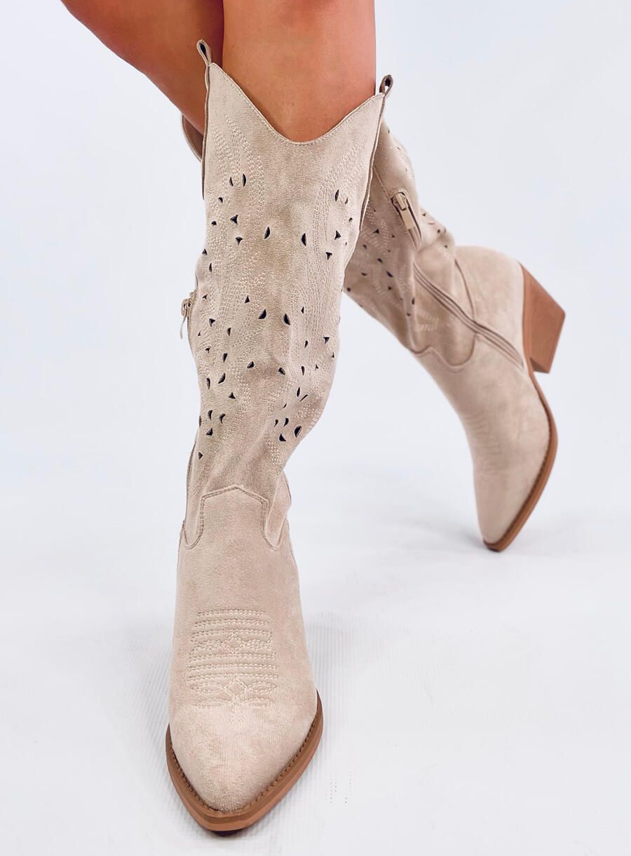 Kozaki ażurowe kowbojki KELLY BEIGE