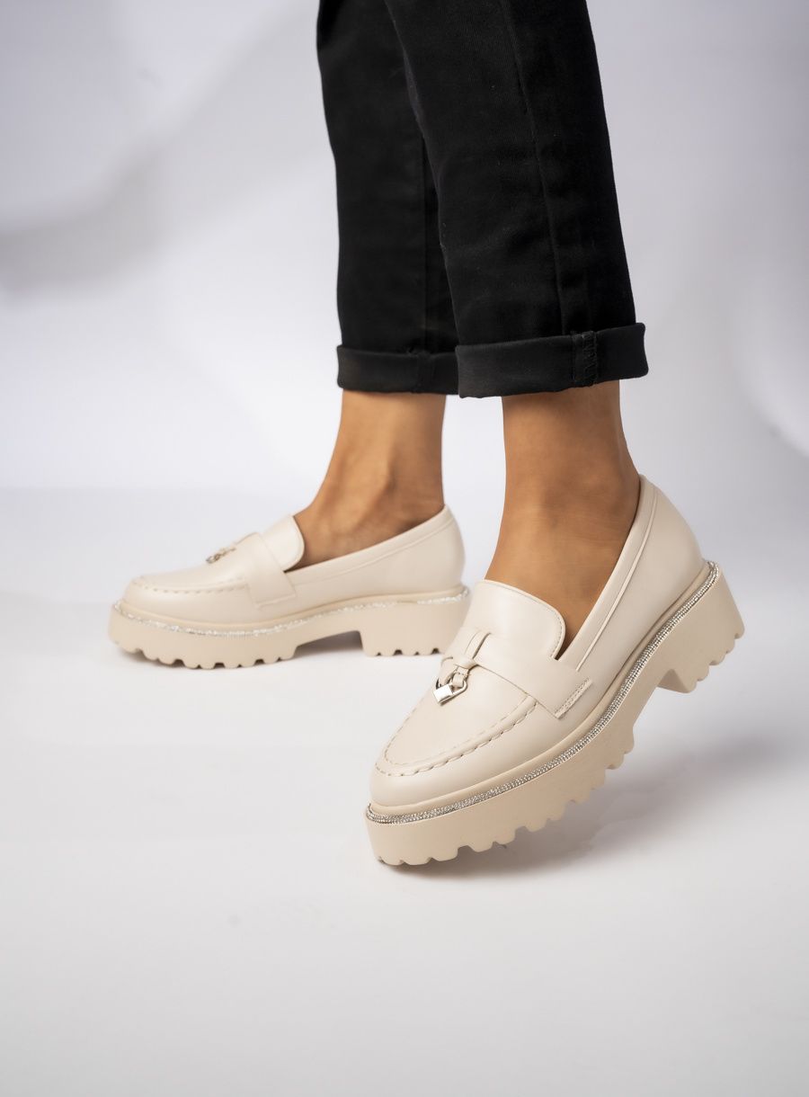 Damskie Mokasyny – Kremowy, Eko Skóra Valeria BEIGE PU