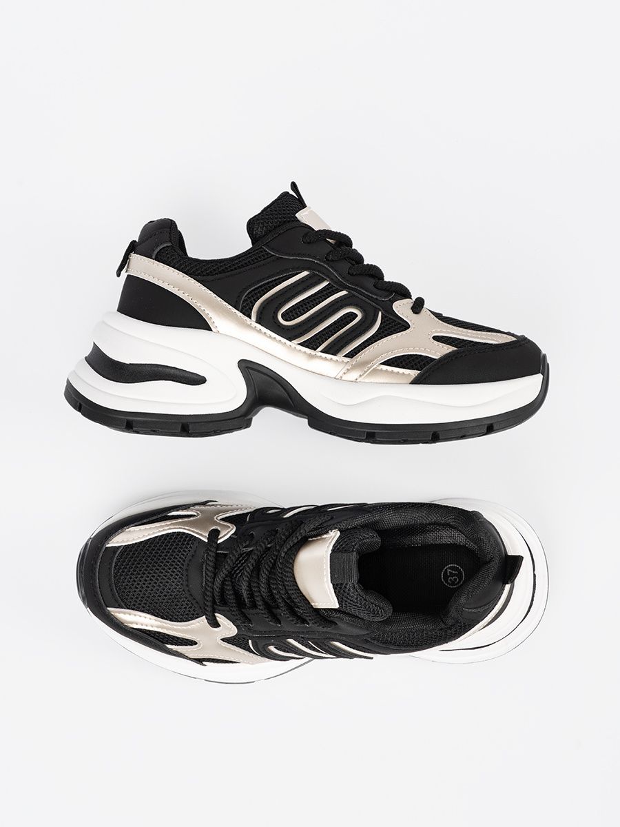 Czarne damskie sneakersy ze złotymi wstawkami