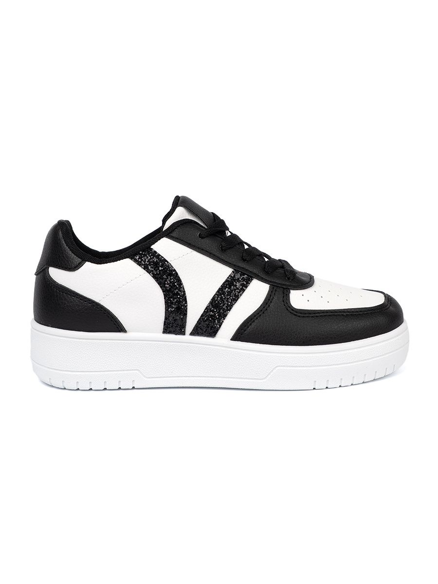 Stylowe czarno-białe sneakersy z brokatowymi wstawkami