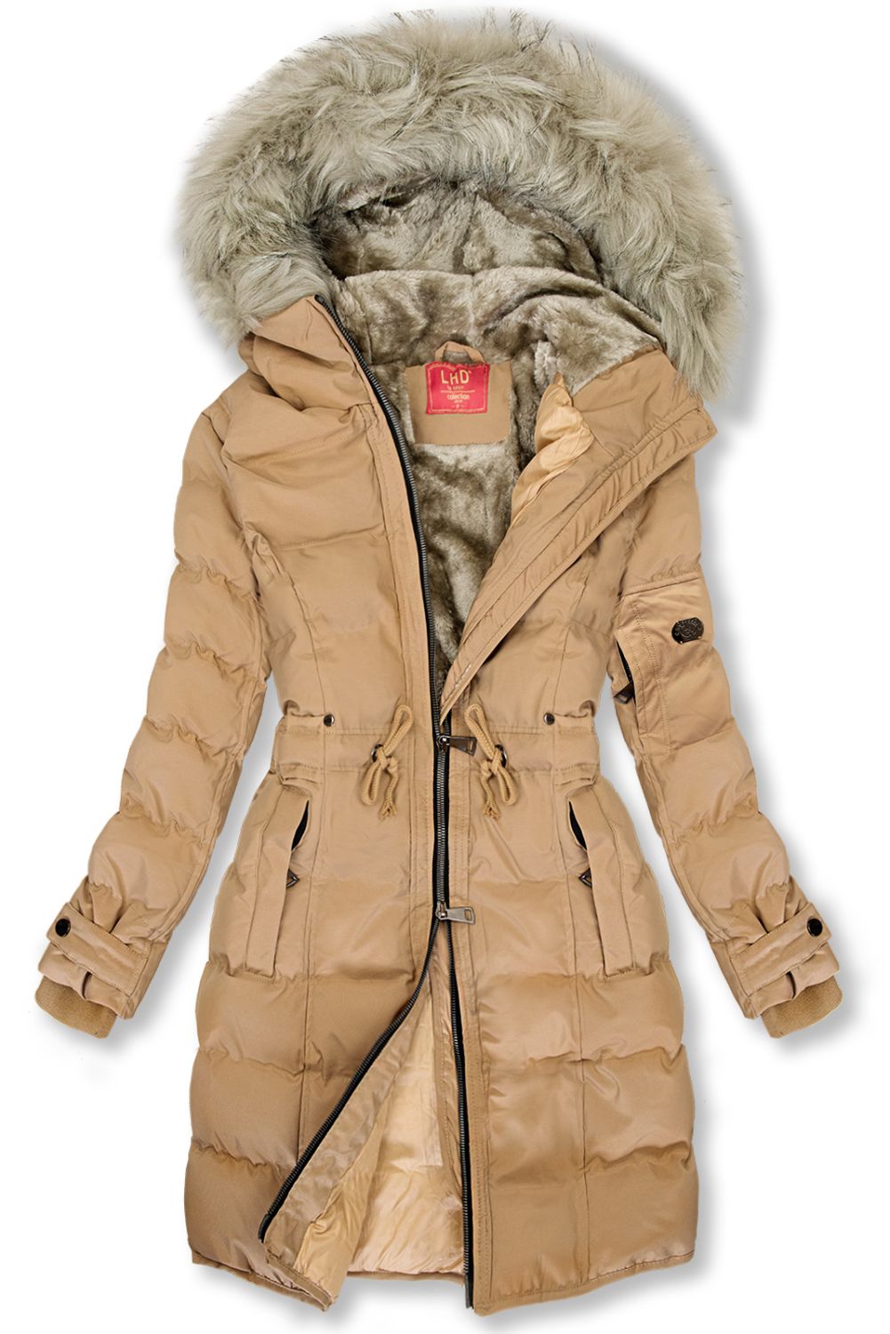 Beżowa kurtka zimowa ze ściągaczem w pasie