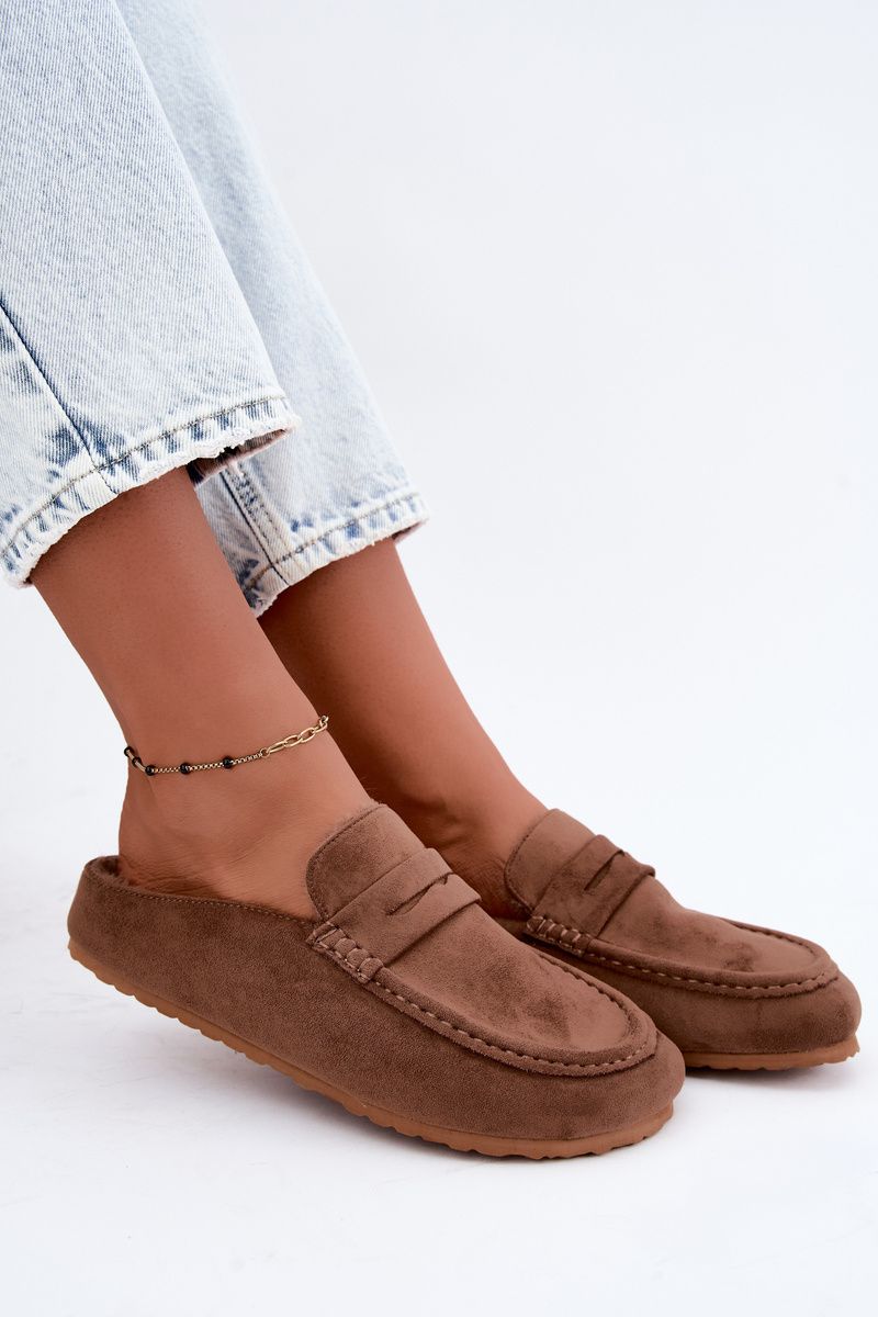 Mokasyny z odkrytą piętą ocieplane futerkiem, jasnobrązowe