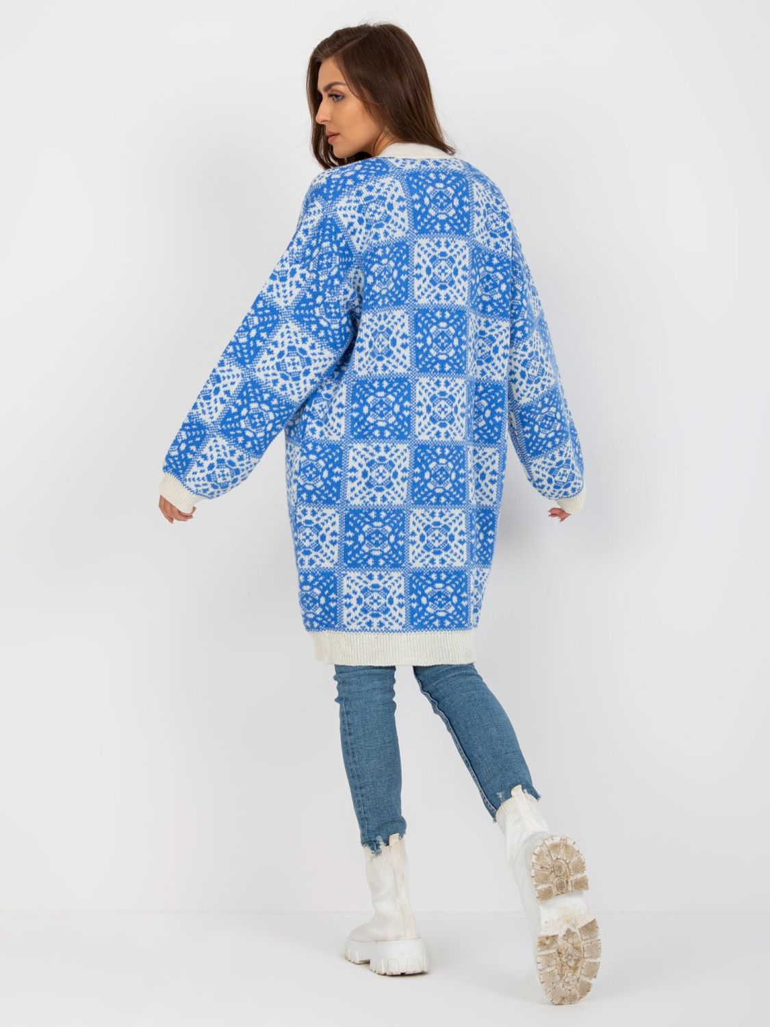 Biało-niebieski damski kardigan we wzory RUE PARIS