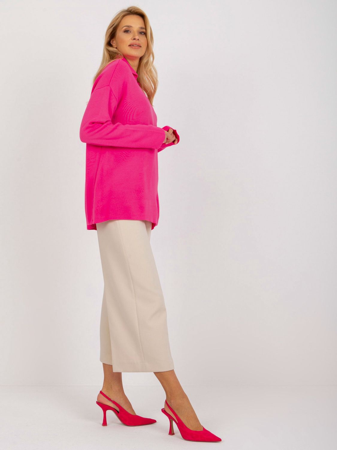 Fluo różowy damski oversize sweter z kołnierzykiem RUE PARIS