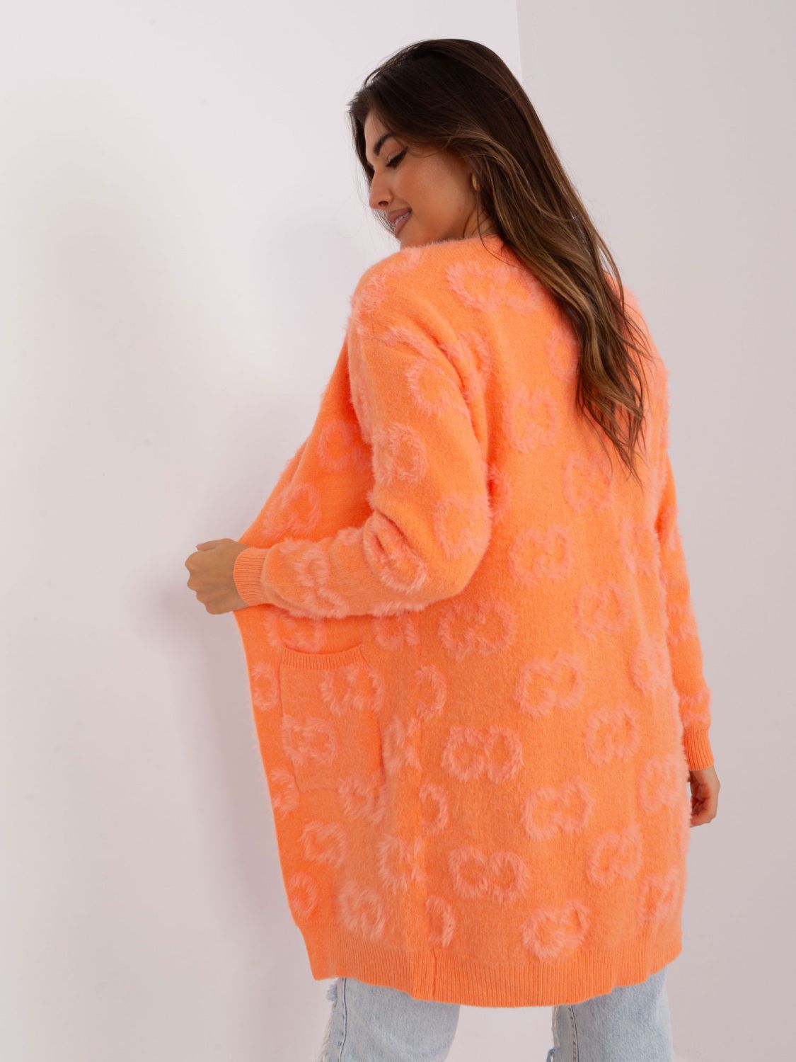 Pomarańczowy damski kardigan z kieszeniami
