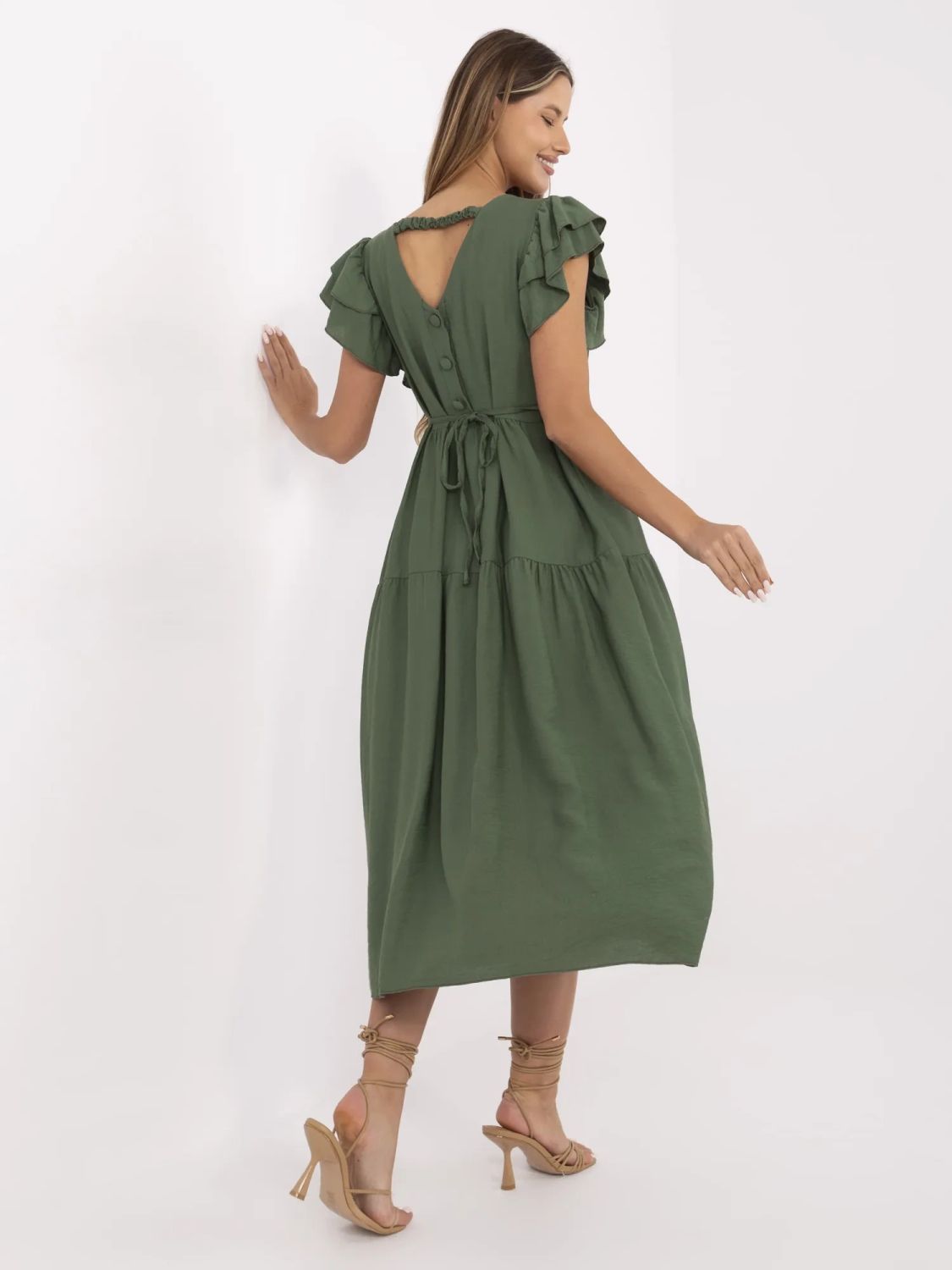 Khaki rozkloszowana sukienka z dekoltem w kształcie V