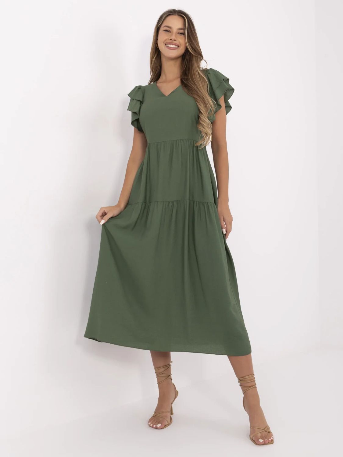 Khaki rozkloszowana sukienka z dekoltem w kształcie V