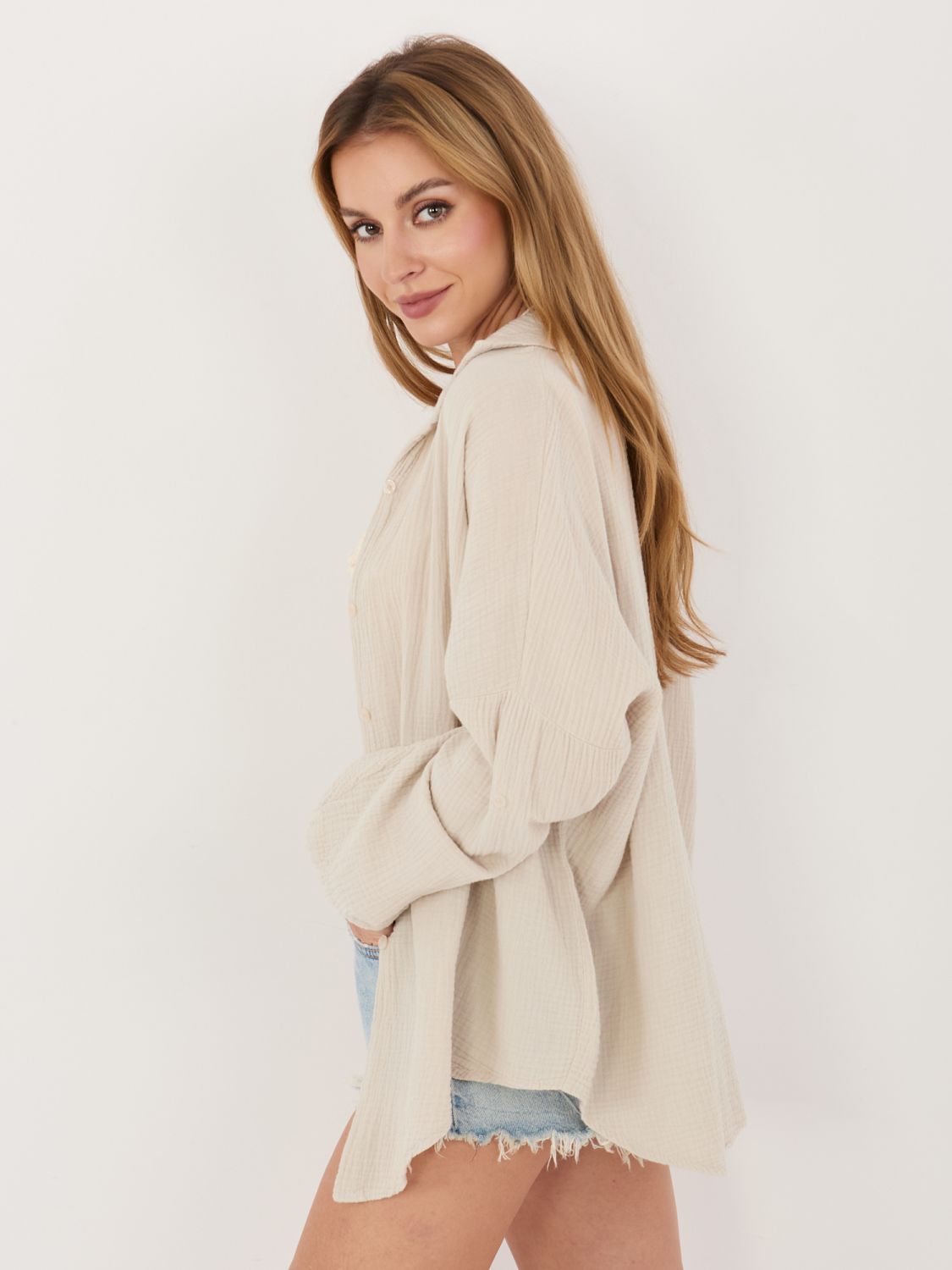 Beżowa koszula bawełniana z kołnierzykiem