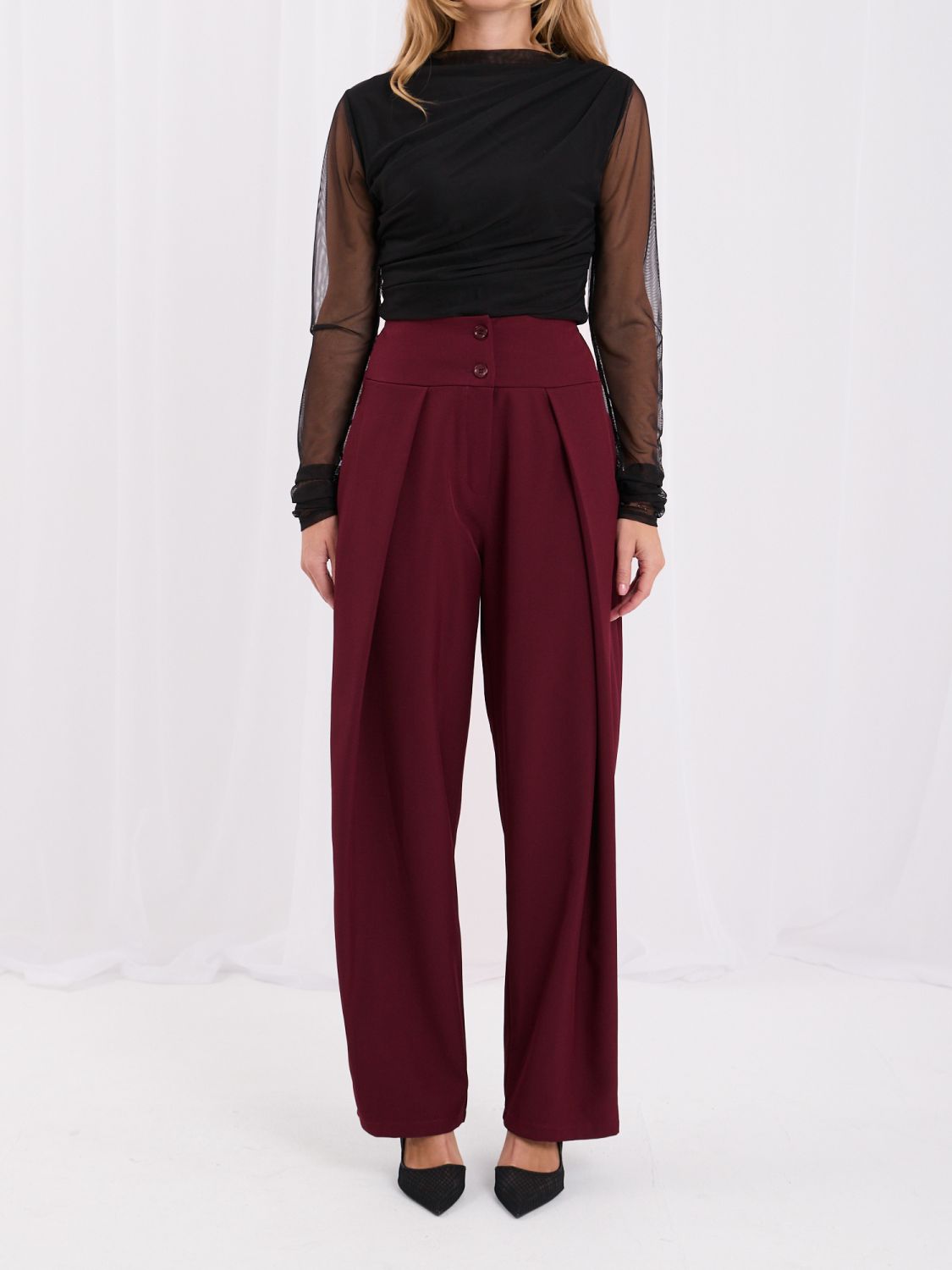 Bordowe eleganckie spodnie wide leg z wysokim stanem