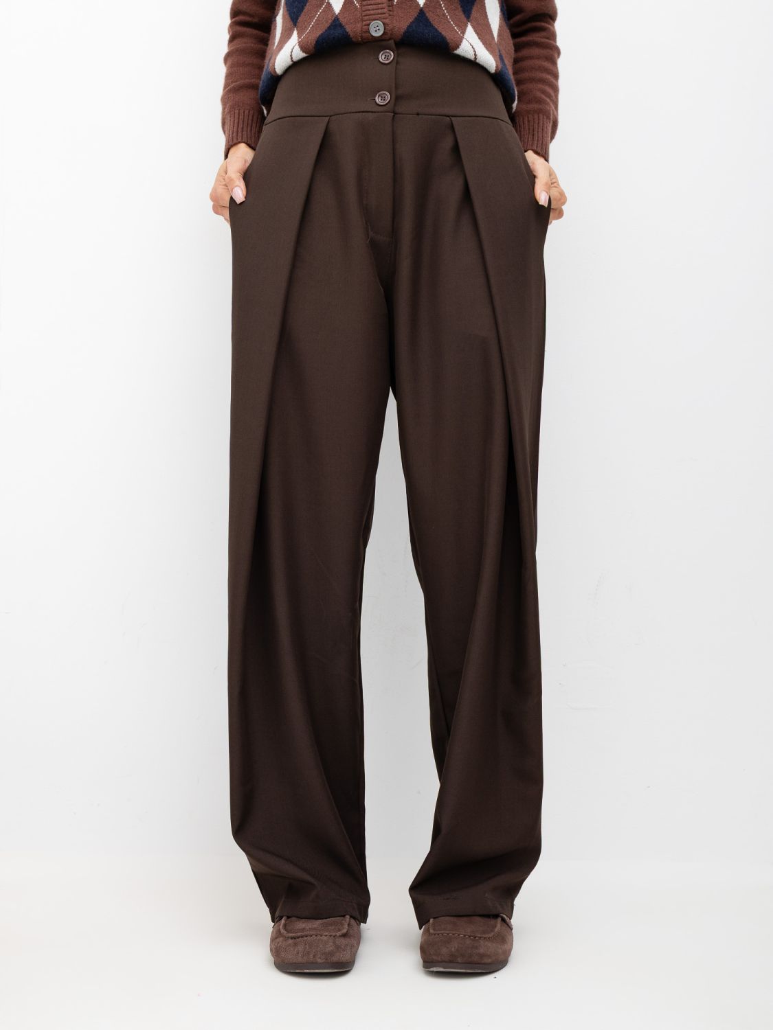 Brązowe eleganckie spodnie wide leg z wysokim stanem
