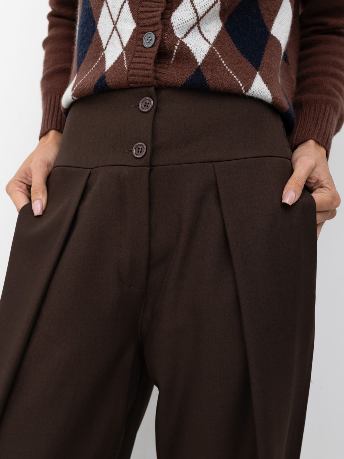 Brązowe eleganckie spodnie wide leg z wysokim stanem